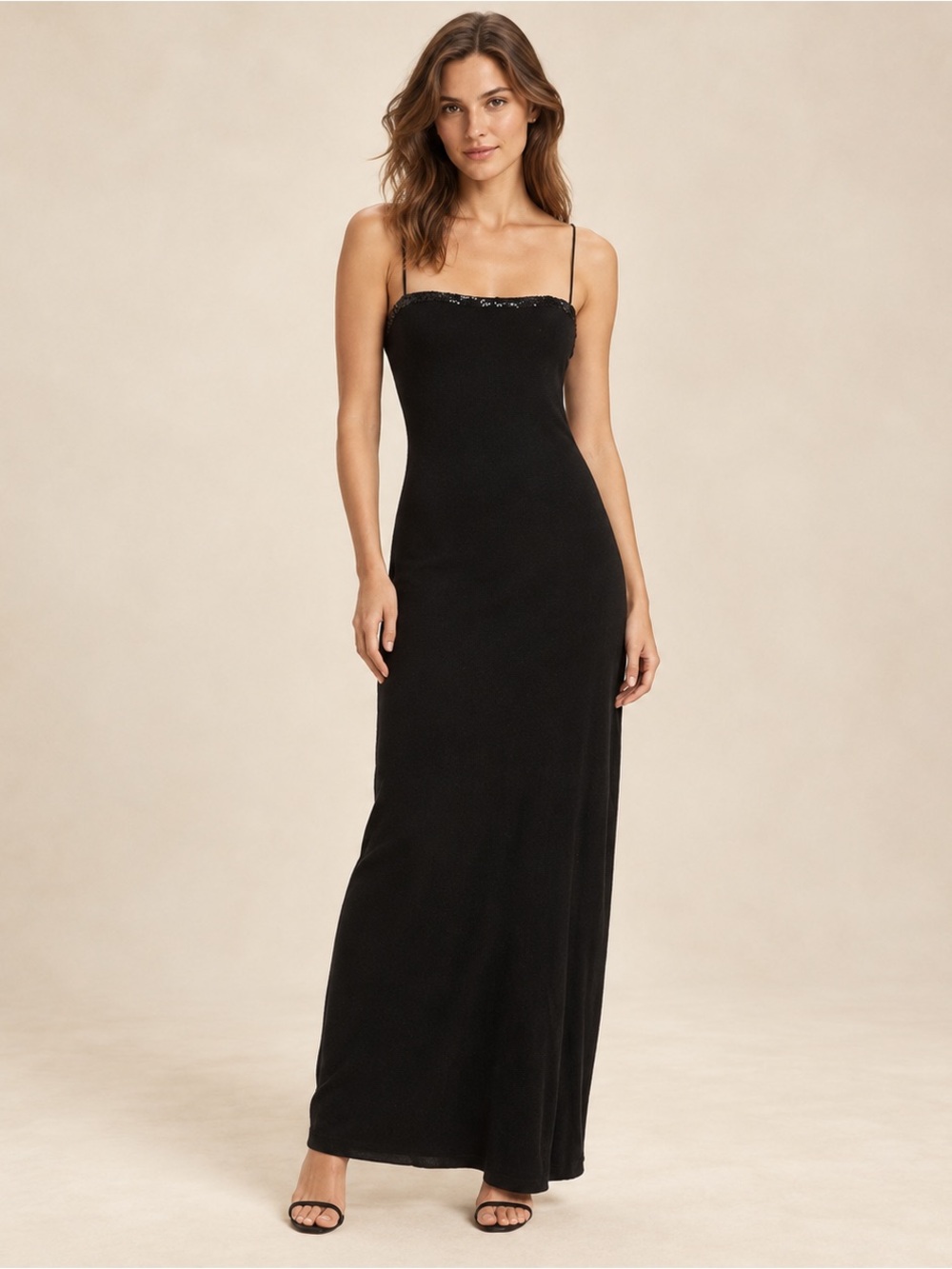 90s Minimalism Ralph Lauren Black Maxi Dress Silk Column Gown Sequin Sleeveless
